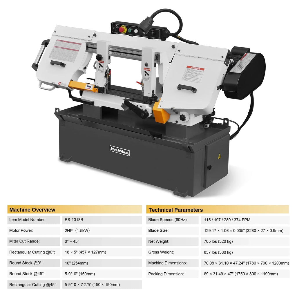 Metal Cutting Band Saw, 10" Round / 18"x5" Rectangular Capacity, 2HP 1.5kW Motor, 4-Speed (35-114 MPM), Horizontal Bandsaw with 0-45° Swivel, Hydraulic Downfeed, 230V 1PH 60Hz, Industrial Grade for Steel, Aluminum & Alloys BS-1018B