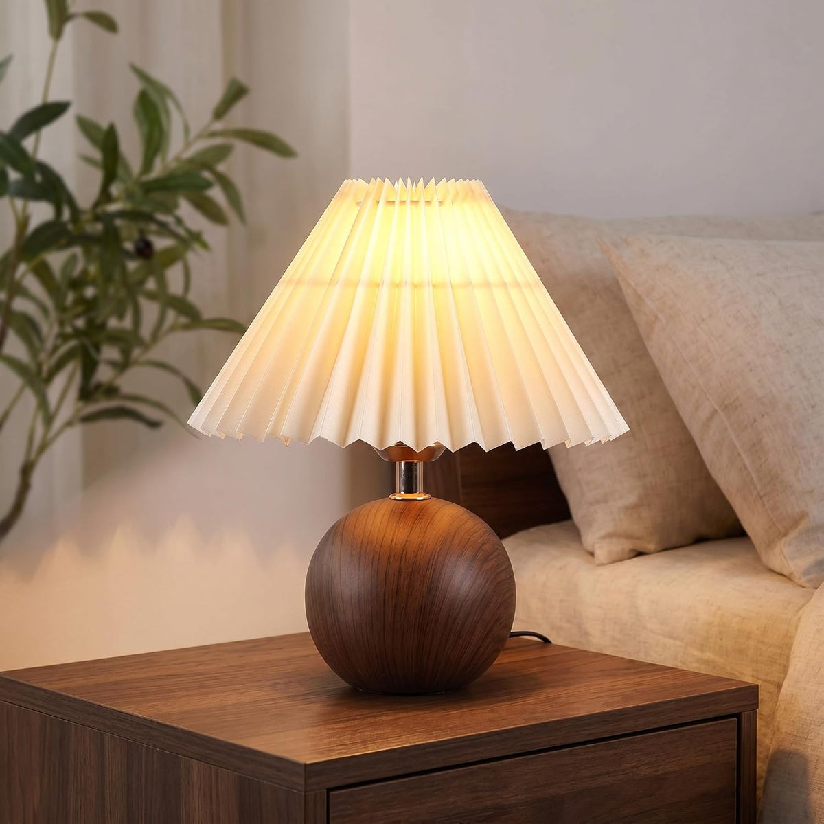 Luminiq Ceramic Globe Table Lamp – Walnut Base, Beige Shade