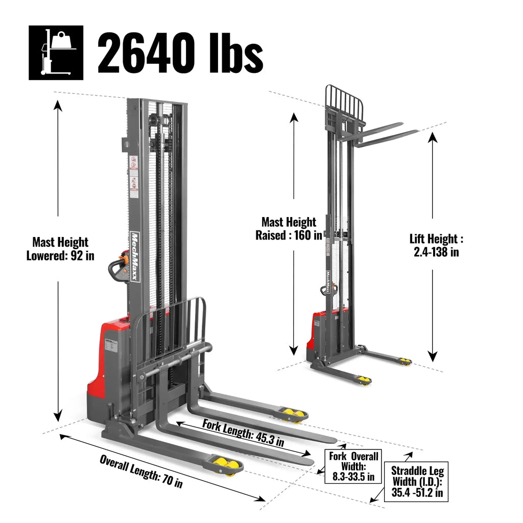 2640lbs Electric Straddle Stacker, 138" Lift,  Adjustable Legs & Forks,  F26-138SLA