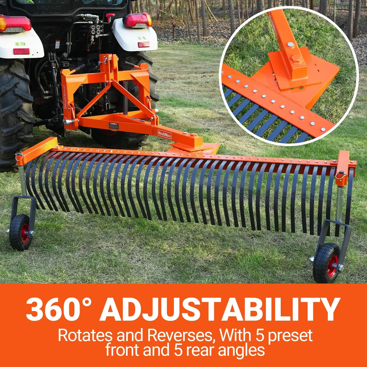 84" Landscape Rake with Bolt-On Wheels & 42 Tines 3 Point Hitch Tractor Attachment,  LR84W