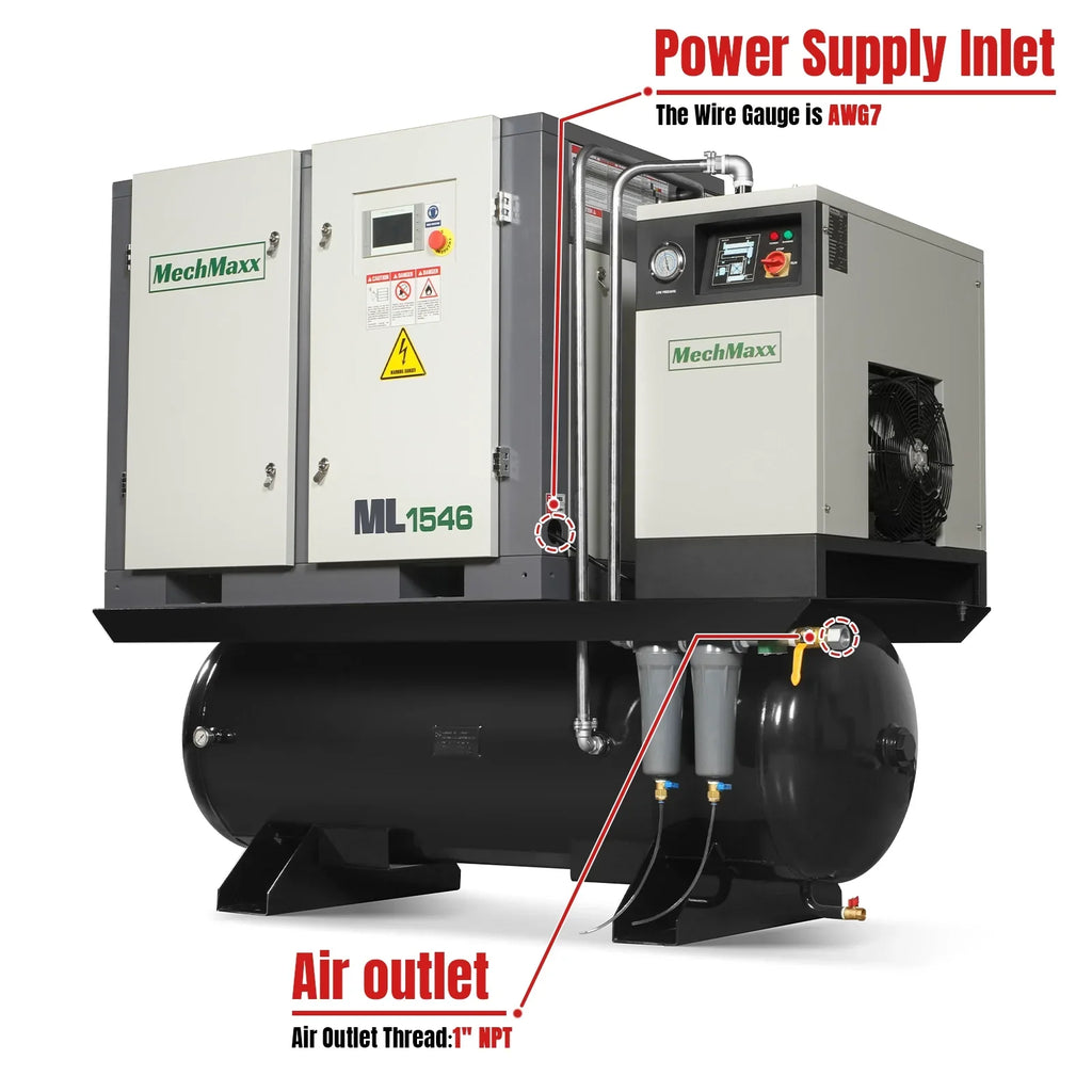 15HP Combined Rotary Screw Air Compressor with Dryer & 105-Gal ASME Tank | 45 CFM,  116 PSI,  460V 3-Phase - Industrial Grade