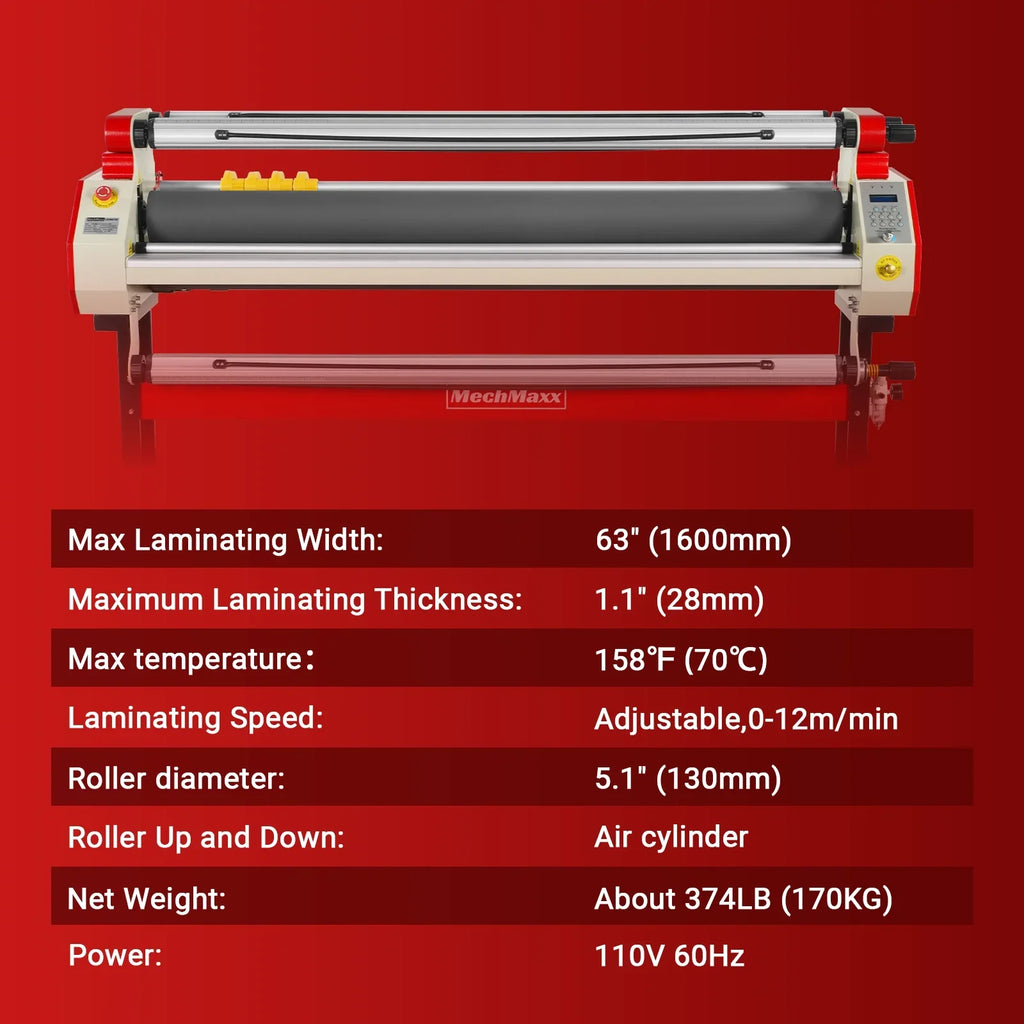 65" Wide Format Full-Auto Cold & Heat Assisted Pneumatic Laminator Machine with 4 Trimmers, Max Speed 40ft/min, 63" Max Width, Infrared Heating, Digital Control Pneumatic Roller Lifting (Requires Air Compressor, Not Included) 1700-B1RED