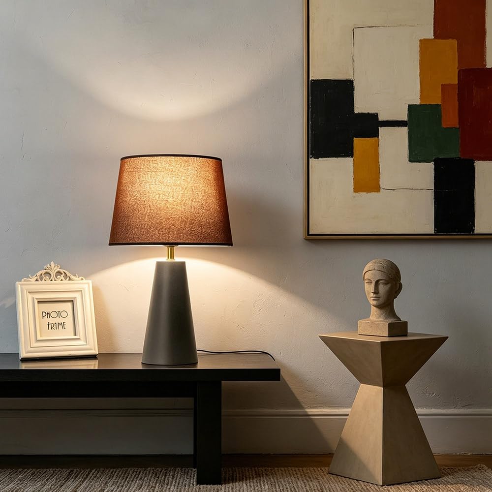 Luminiq Modern Bedside Table Lamp – Linen Shade, Black Metal Base