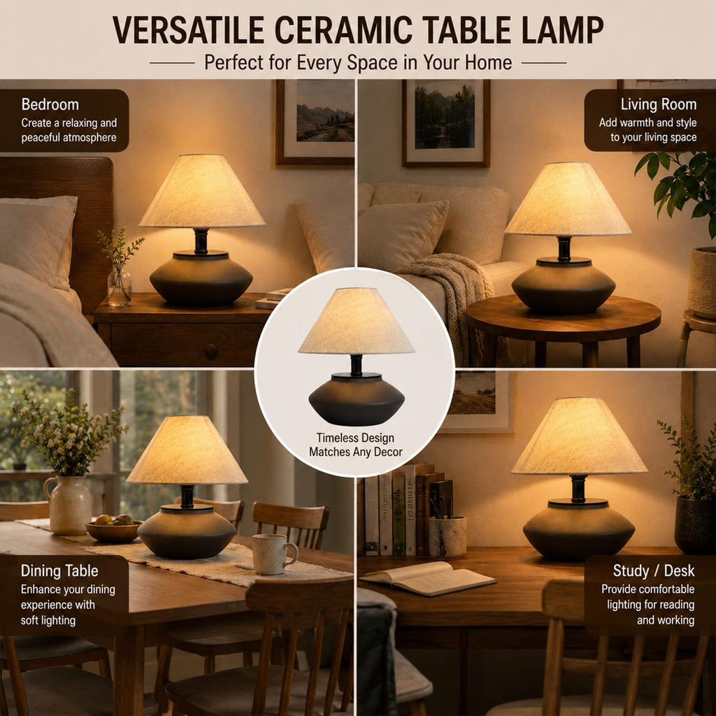 Luminiq Farmhouse Ceramic Table Lamp – Black Base, Linen Shade