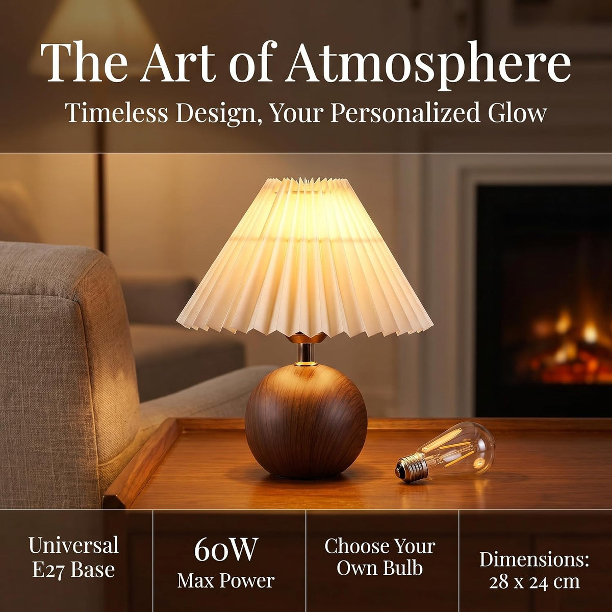 Luminiq Ceramic Globe Table Lamp – Walnut Base, Beige Shade