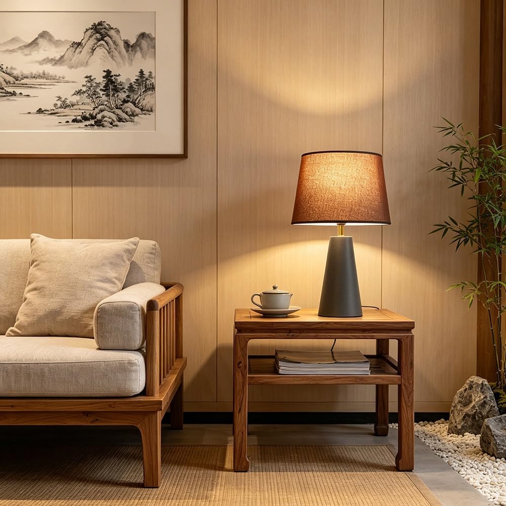 Luminiq Modern Bedside Table Lamp – Linen Shade, Black Metal Base