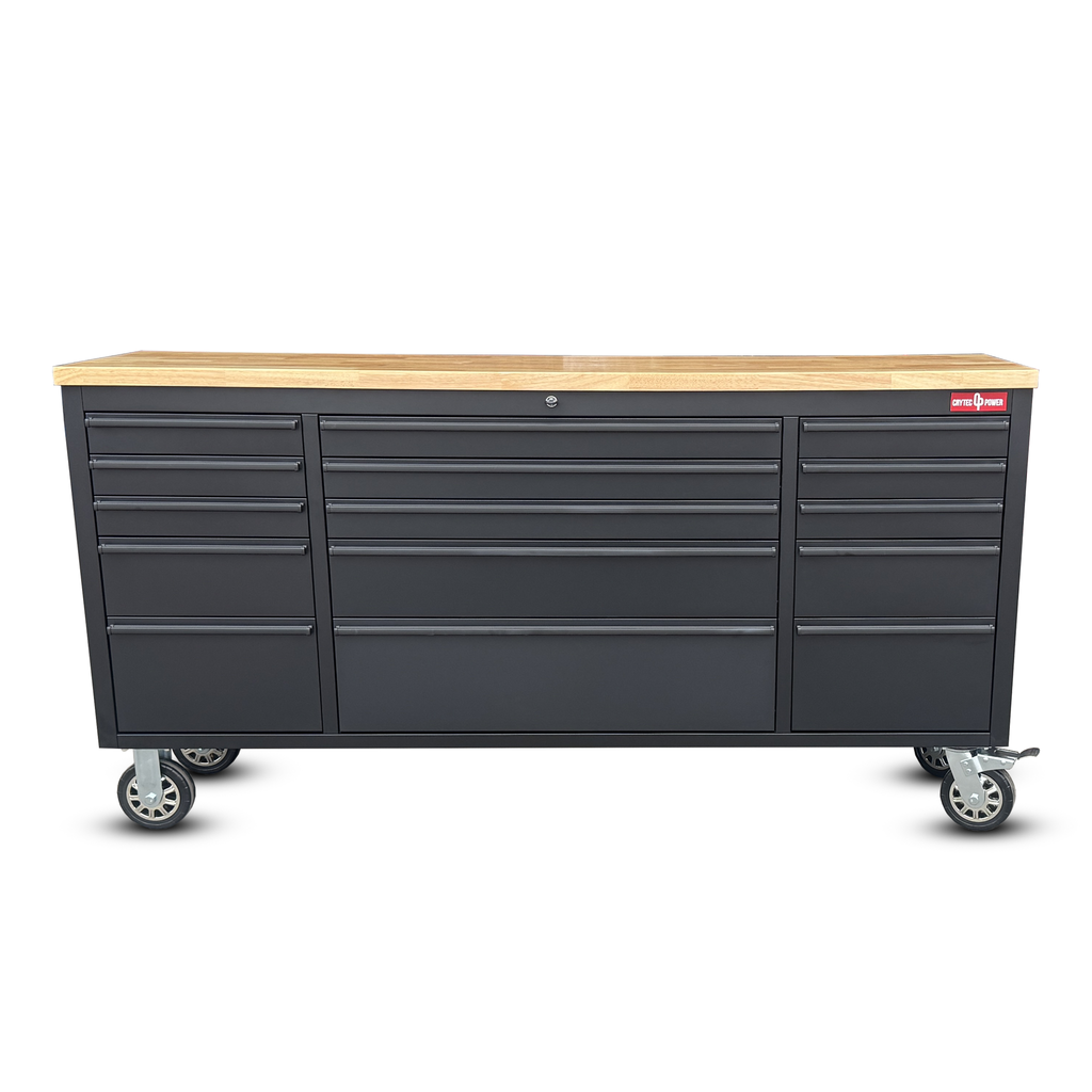 Crytec | 72" Tool Cabinet | Wooden Top | Black | Stainless Steel | 15 Drawers |