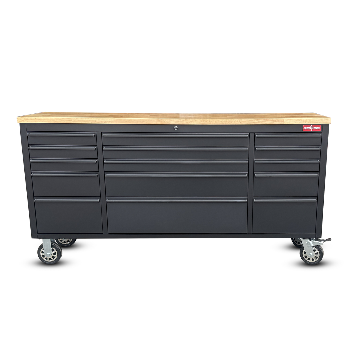 Crytec | 72" Tool Cabinet | Wooden Top | Black | Stainless Steel | 15 Drawers |