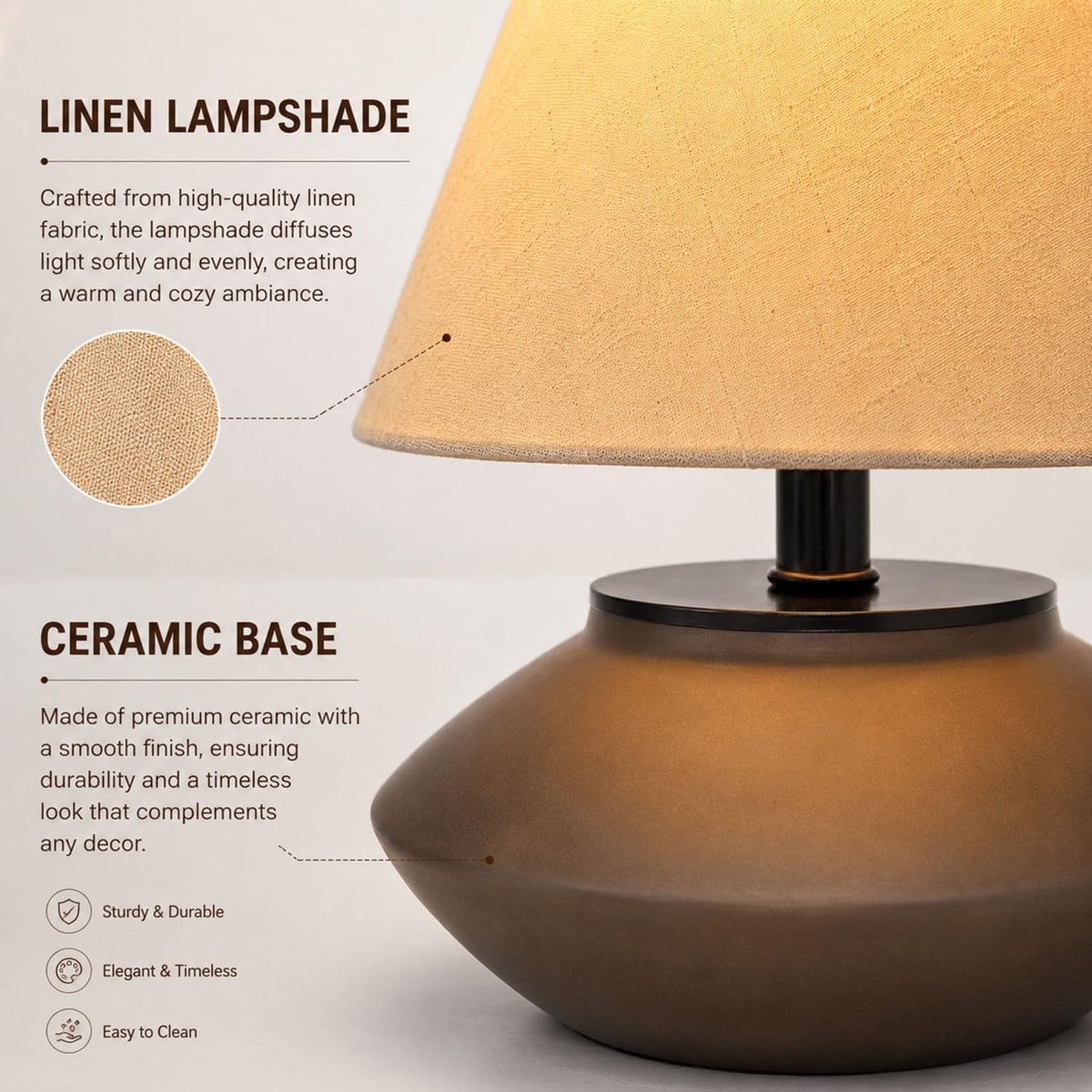 Luminiq Farmhouse Ceramic Table Lamp – Black Base, Linen Shade