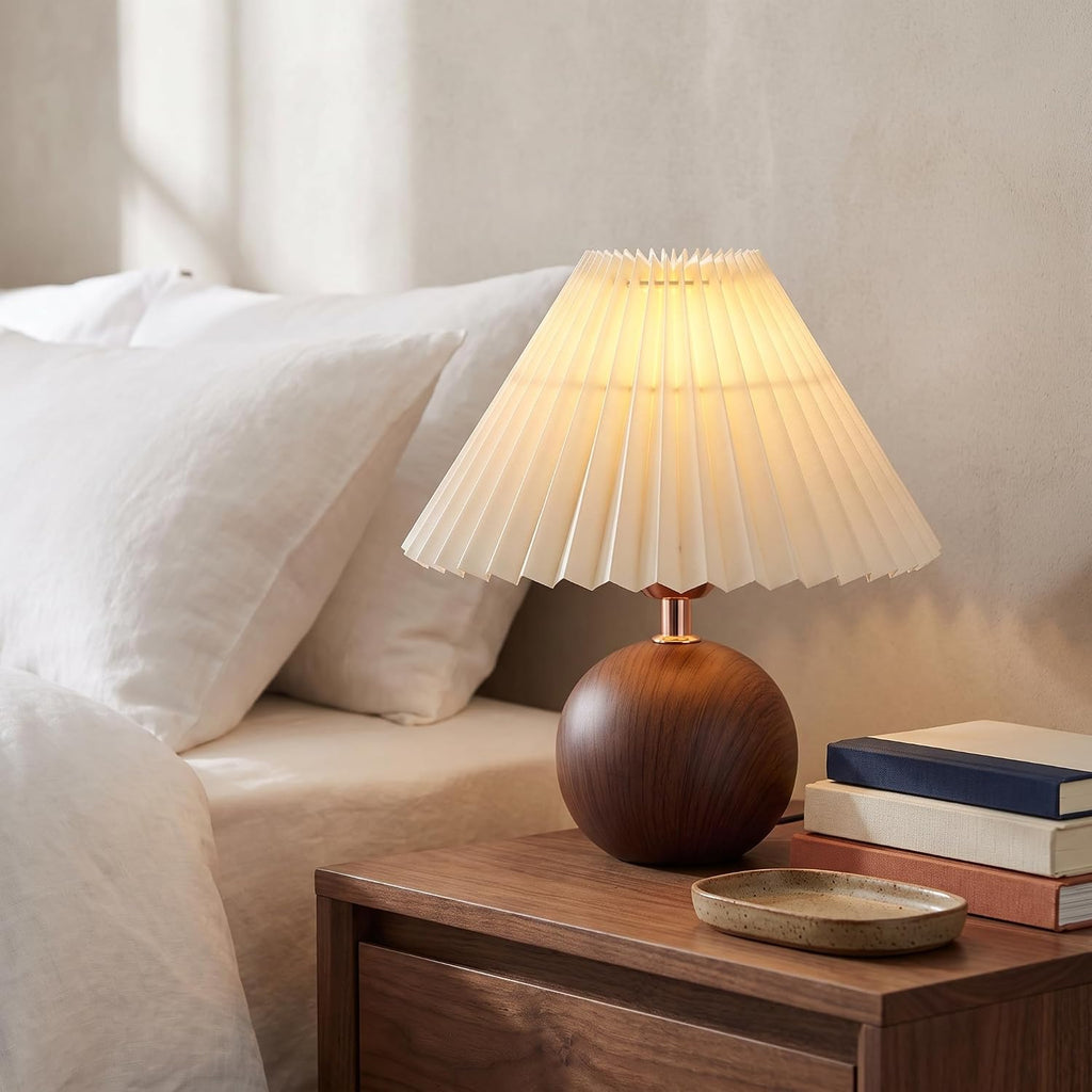 Luminiq Ceramic Globe Table Lamp – Walnut Base, Beige Shade