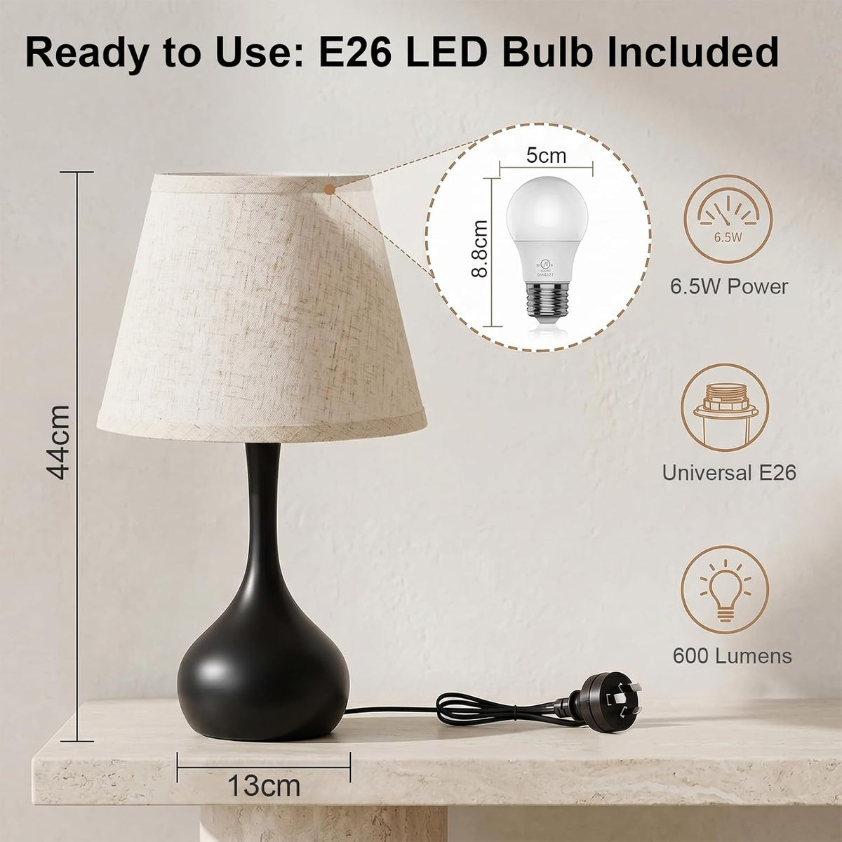 Luminiq Touch Bedside Table Lamp – 3-Way Dimmable with Fabric Shade