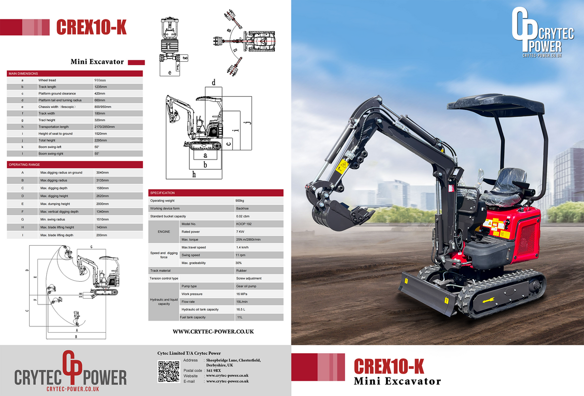 Crytec 1 Tonne Mini Excavator CREX10-K | Koop Diesel Engine | 10HP 7.6KW Power | 1550mm Depth l Digger