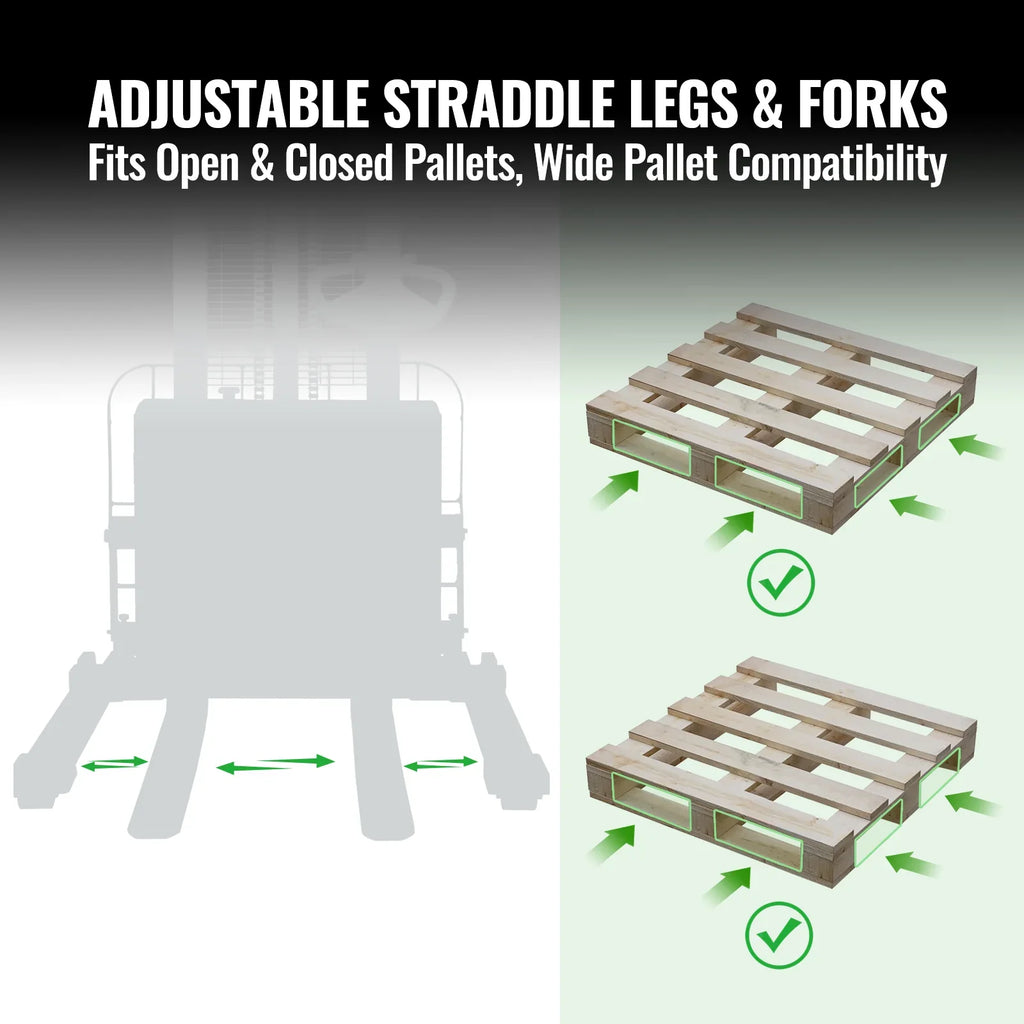 2640lbs Electric Straddle Stacker,  98" Lift,  Adjustable Legs & Forks,  F26-98SLA
