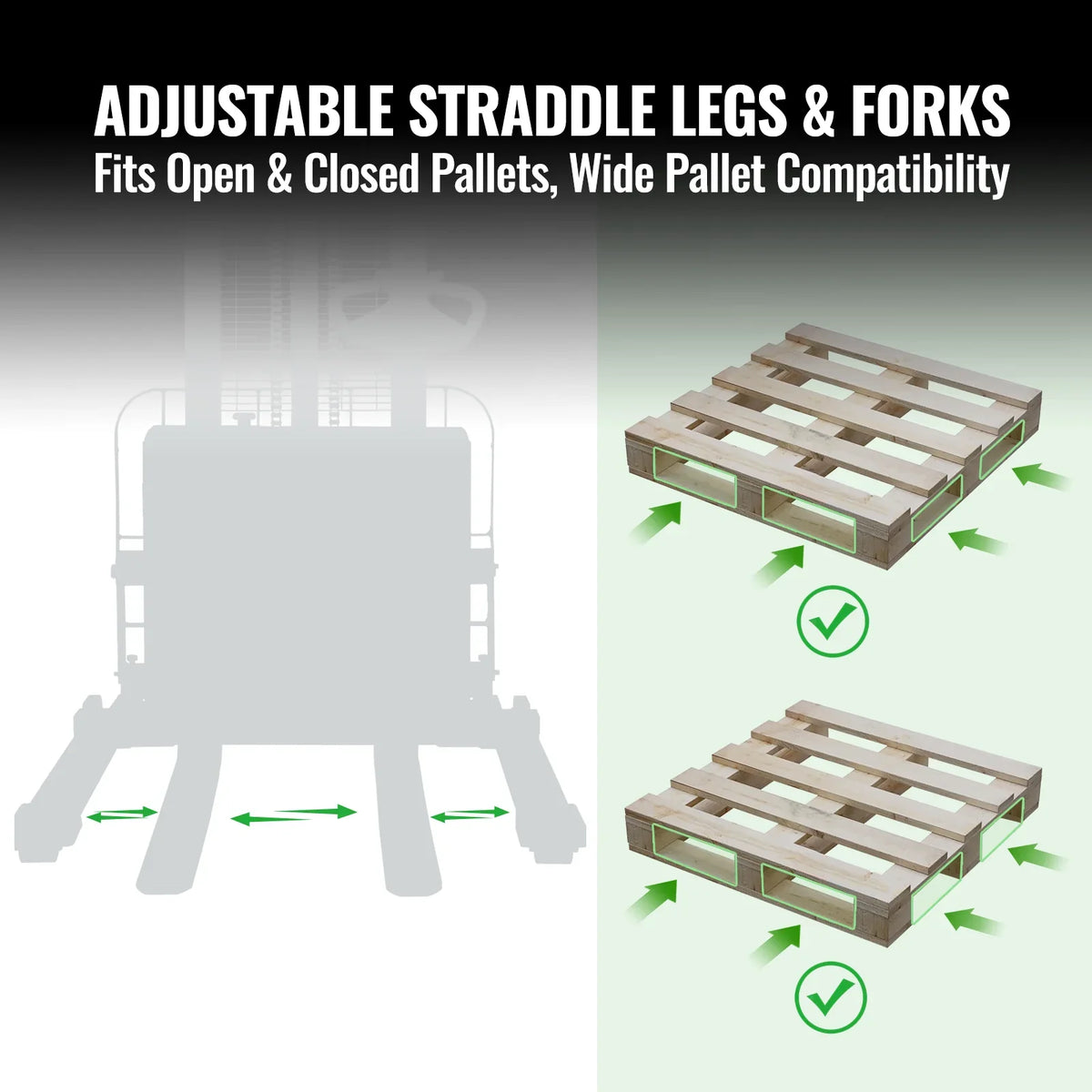 2640lbs Electric Straddle Stacker,  98" Lift,  Adjustable Legs & Forks,  F26-98SLA