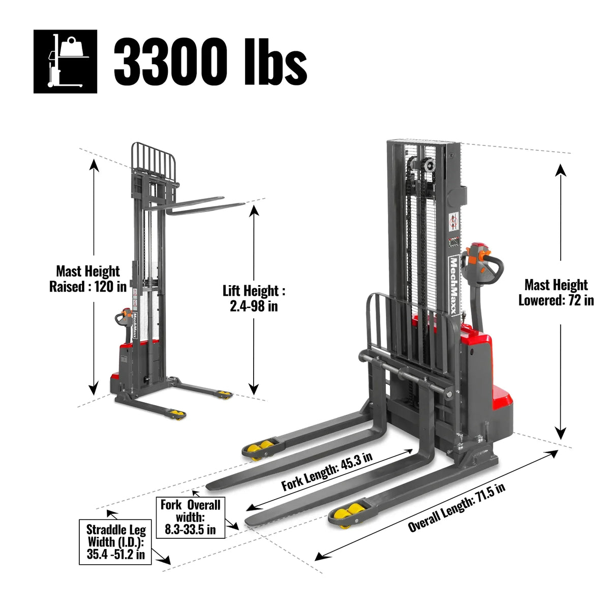 3300lbs Lithium-ion Electric Straddle Stacker,  98" Lift,  Adjustable Legs & Forks,  F33-98S