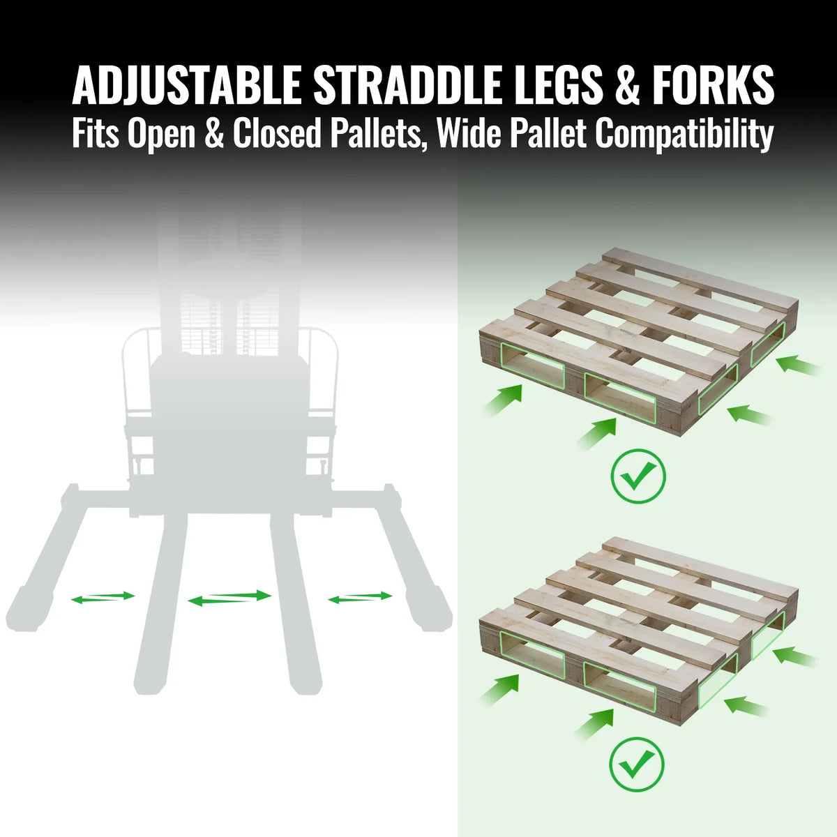 3300lbs Electric Straddle Stacker,  118" Lift,  Adjustable Legs & Forks,  F33-118SLA