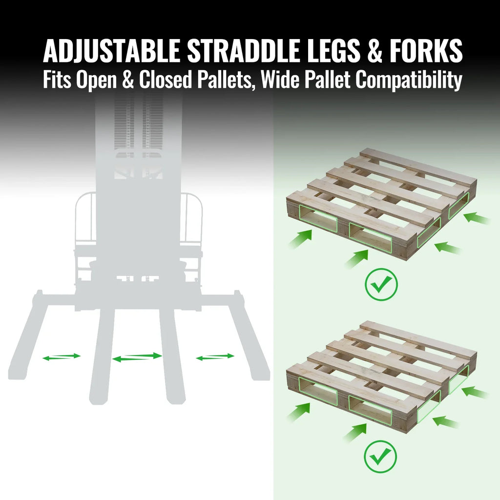 3300lbs Semi-Electric Straddle Stacker,  118" Lift,  Adjustable Legs & Forks,  S33-118S