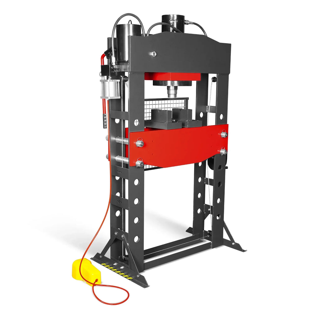 100 Ton H-Frame Air/Hydraulic Shop Press with Hand Winch,  Fully Welded Steel Frame,  Safety Guard,  Foot Pedal Control,  HSP100