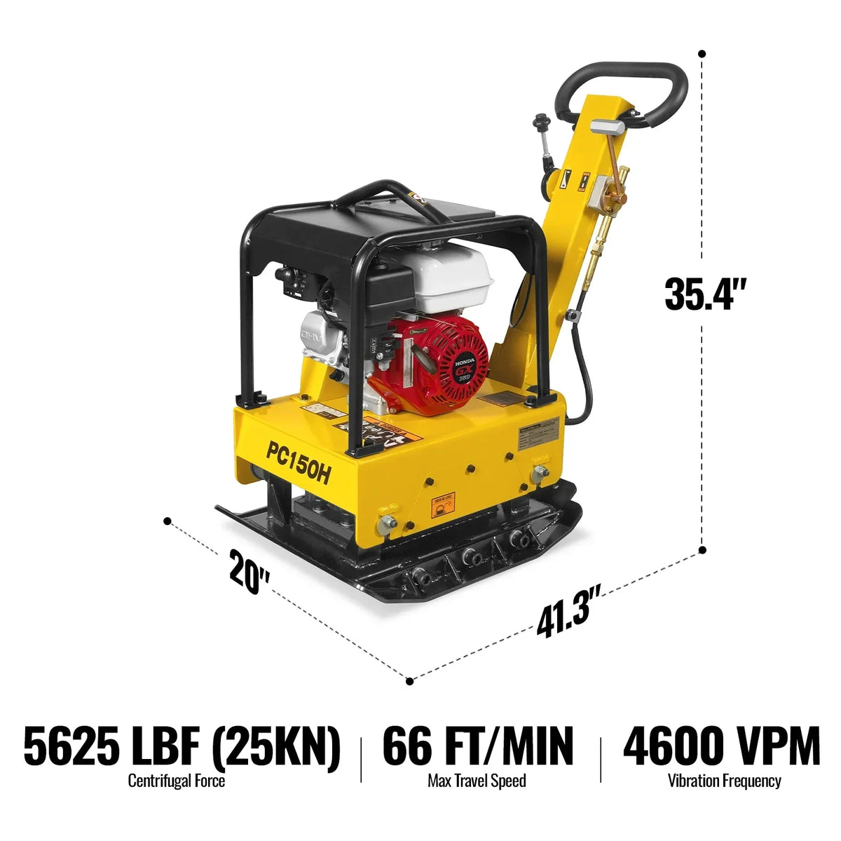 Honda GX160 Reversible Plate Compactor with Wheel Kit and Extension Plates, 5625 lb Centrifugal Force, PC150H