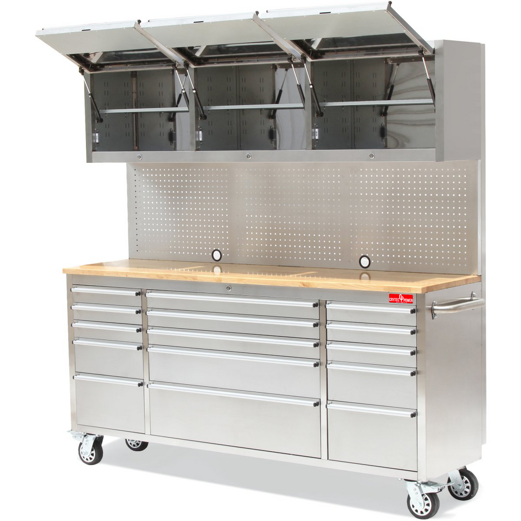 Crytec | 72" Tool Cabinet With Workstation | Stainless Steel | 15 Drawers | 3 x Cupboards & Pegboards