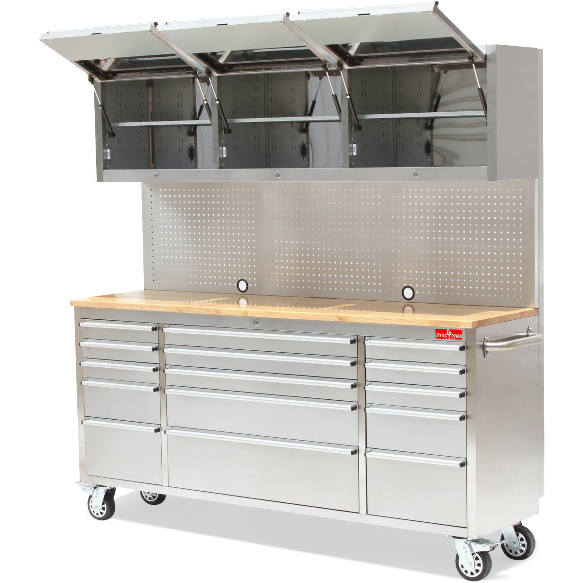 Crytec | 72" Tool Cabinet With Workstation | Stainless Steel | 15 Drawers | 3 x Cupboards & Pegboards