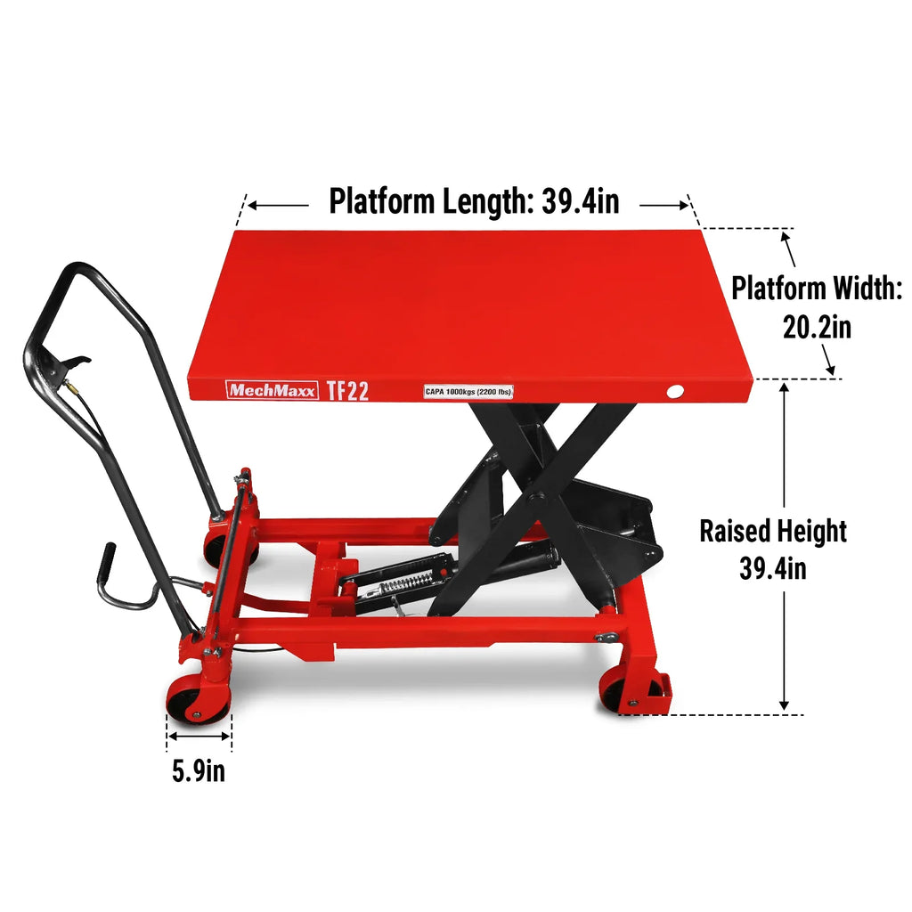 Mobile Scissor Lift Table Cart 2200lbs Capacity, Platform Size, 39.4” x 20.2”, Height 39.4” , TF22