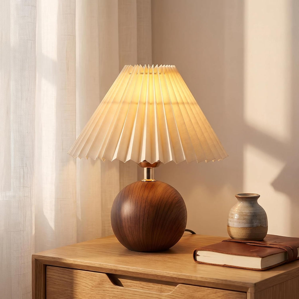 Luminiq Ceramic Globe Table Lamp – Walnut Base, Beige Shade