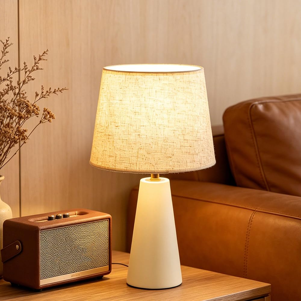 Luminiq Modern Bedside Table Lamp – Linen Shade, Black Metal Base