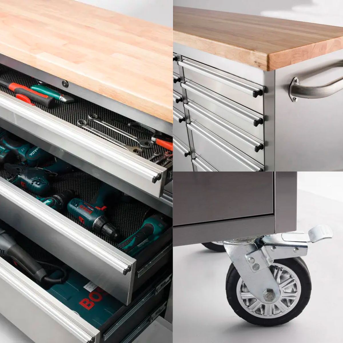 Crytec | 55" Tool Cabinet | Stainless Steel | 10 Drawers | Wooden Top
