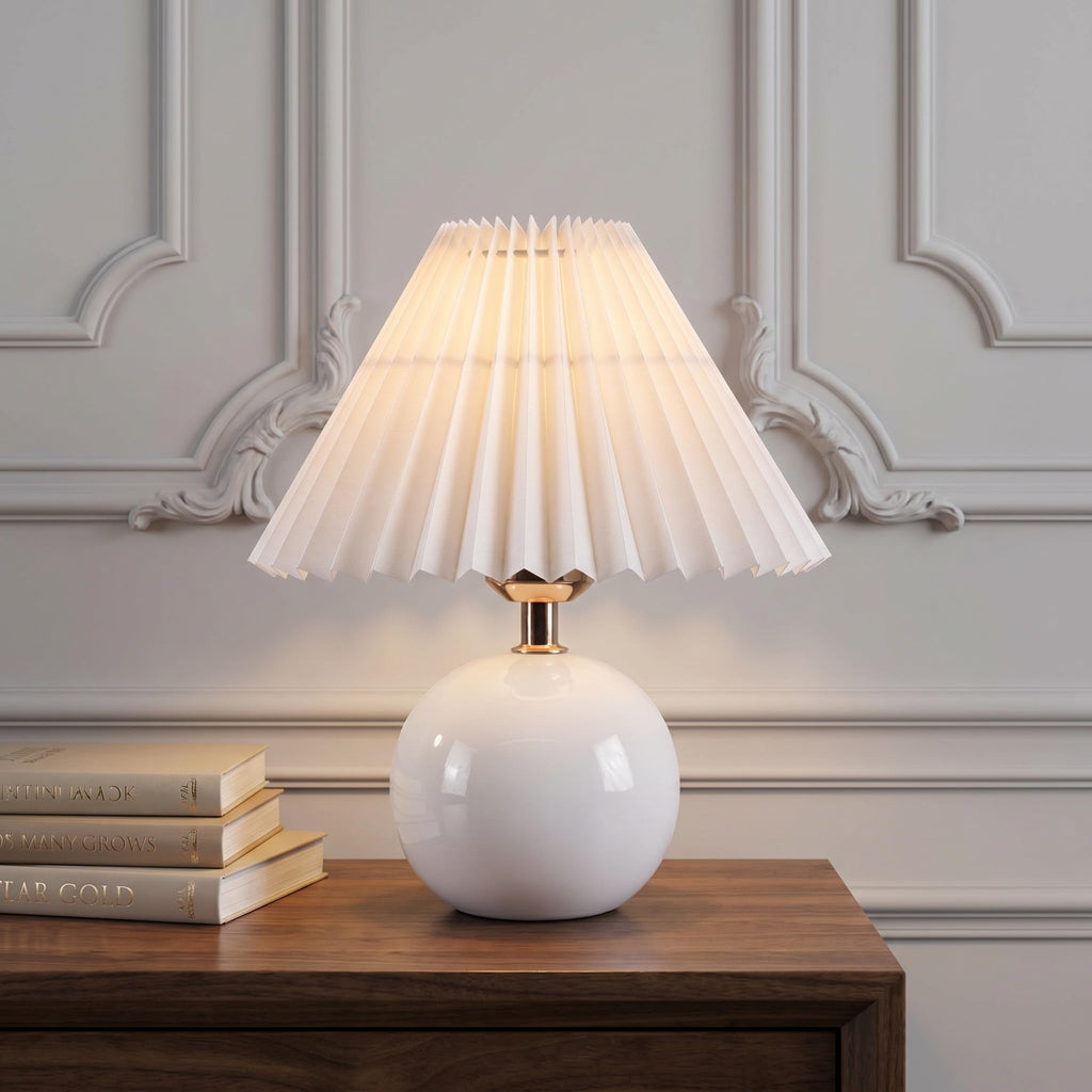 Luminiq Ceramic Globe Table Lamp – Walnut Base, Beige Shade