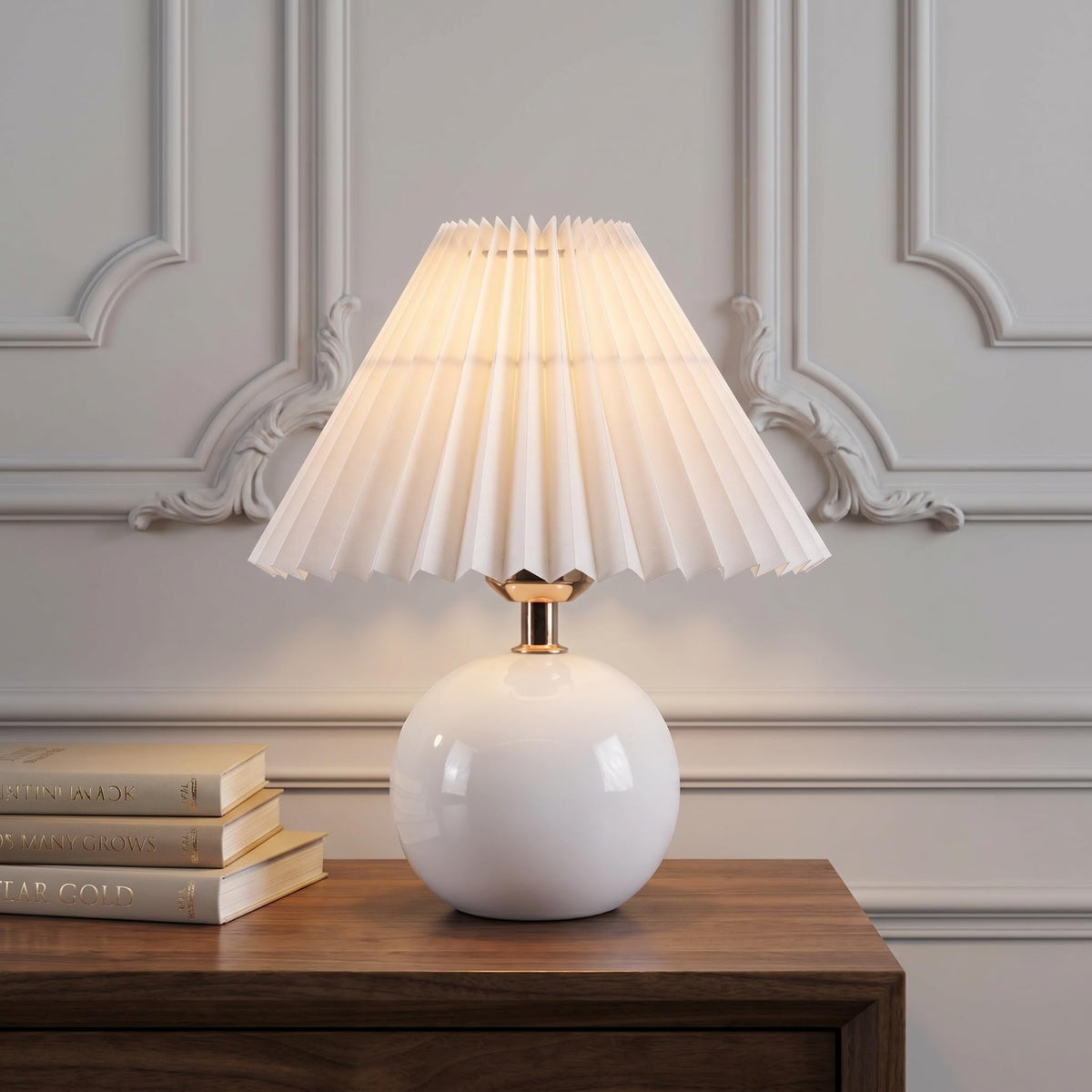 Luminiq Ceramic Globe Table Lamp – Walnut Base, Beige Shade