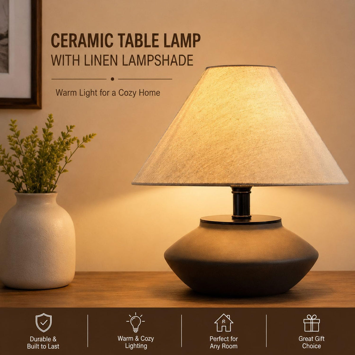 Luminiq Farmhouse Ceramic Table Lamp – Black Base, Linen Shade