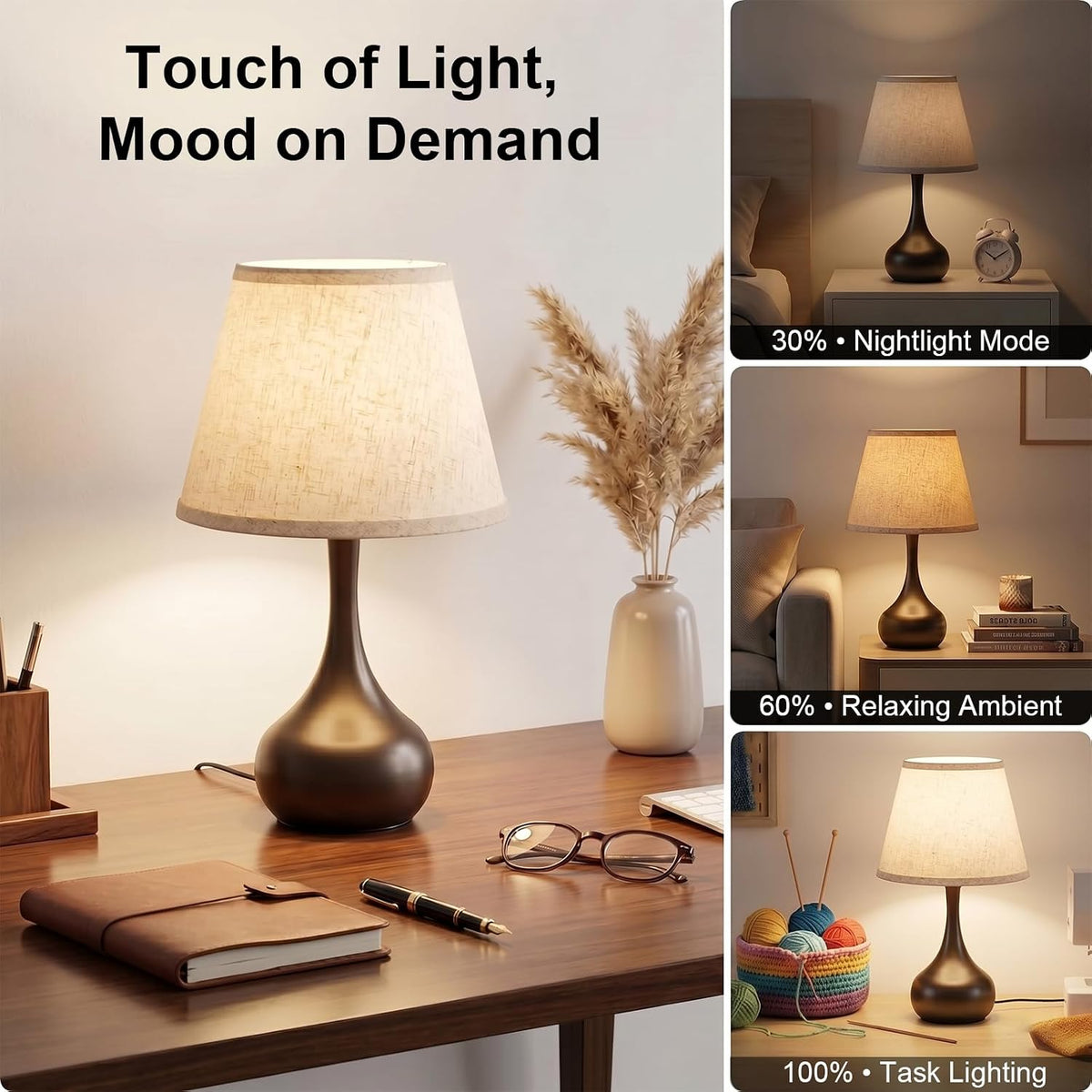 Luminiq Touch Bedside Table Lamp – 3-Way Dimmable with Fabric Shade