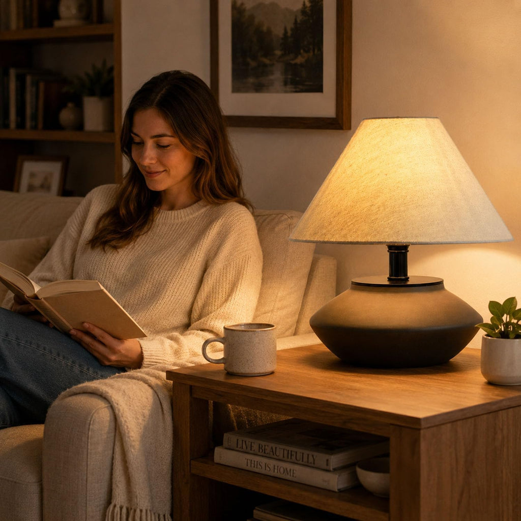 Luminiq Farmhouse Ceramic Table Lamp – Black Base, Linen Shade