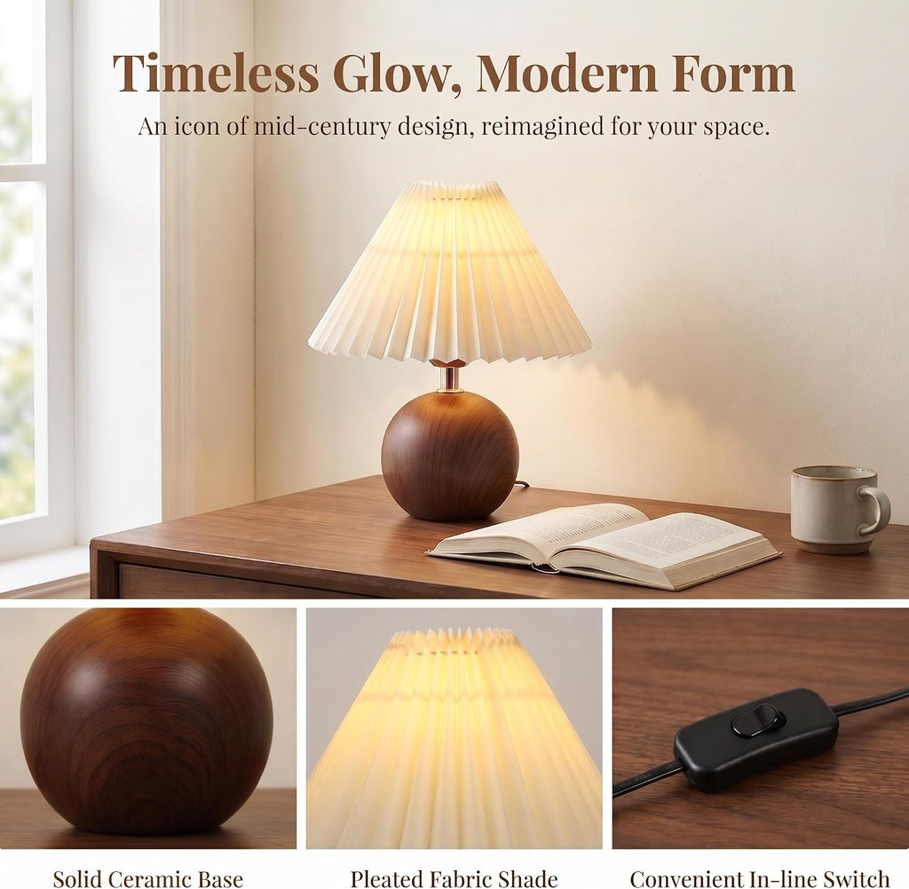 Luminiq Ceramic Globe Table Lamp – Walnut Base, Beige Shade