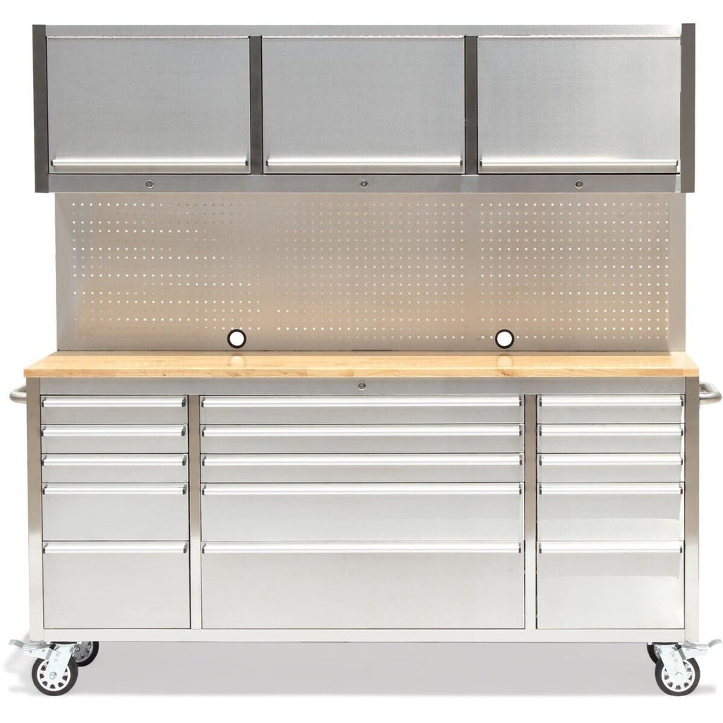 Crytec | 72" Tool Cabinet With Workstation | Stainless Steel | 15 Drawers | 3 x Cupboards & Pegboards
