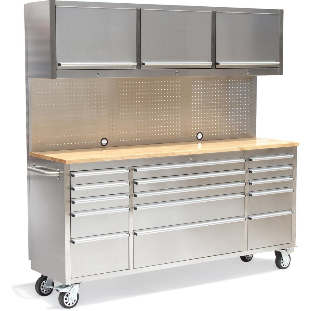 Crytec | 72" Tool Cabinet With Workstation | Stainless Steel | 15 Drawers | 3 x Cupboards & Pegboards