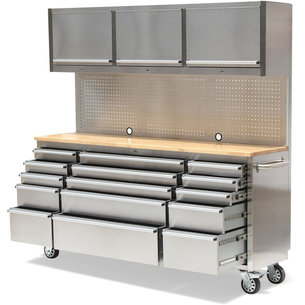 Crytec | 72" Tool Cabinet With Workstation | Stainless Steel | 15 Drawers | 3 x Cupboards & Pegboards